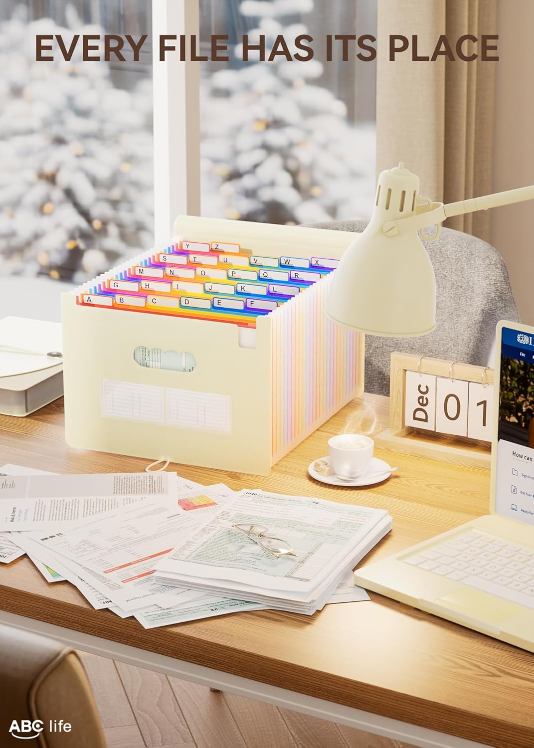 ABC life 26 Pockets Accordian File Organizer Expanding File Folders, Portable Letter A4 Size Filing Box,Plastic Monthly Receipt Document Organizer with Colored Tabs (Beige Color)