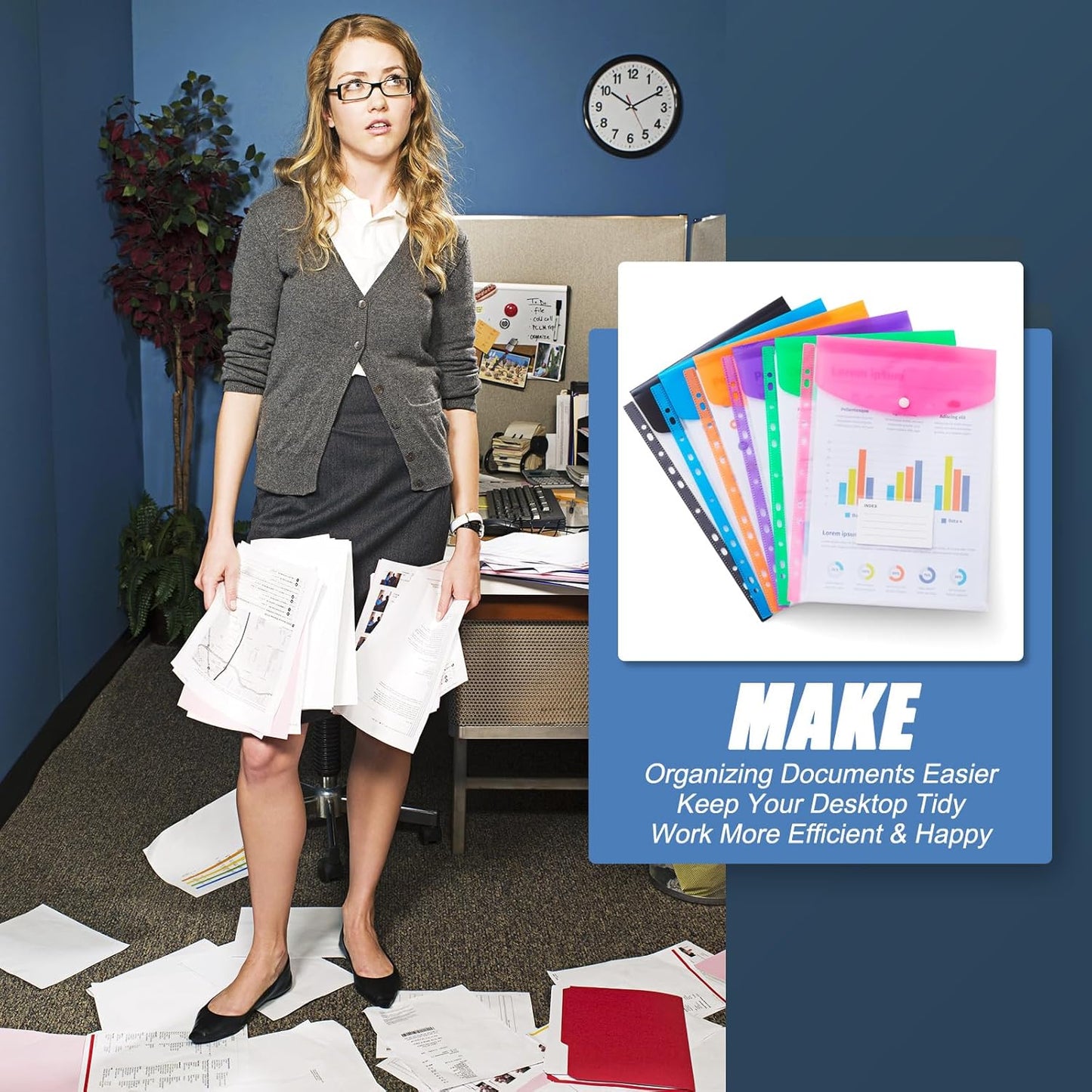 Binder Pocket Organizer Folders, 12 Pack Expandable Files Bag Plastic Envelopes Binder Folders with 11 Holes for 2/3/4 Ring Binder, Document Pouch with Snap Button and Label for School Office Home