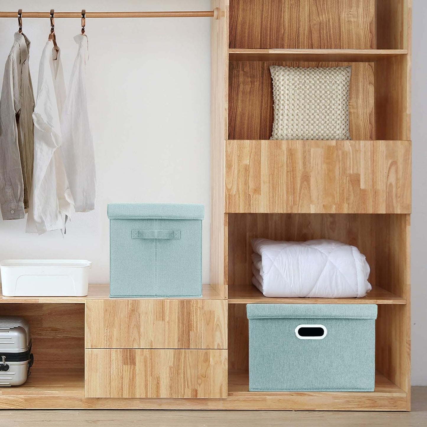 TYEERS Large Storage Bins with Lids, Collapsible, Washable, Fabric Storage Boxes for Organizing, 17.3x11.8x11.4 inches, 3 Pack, Aqua Spring