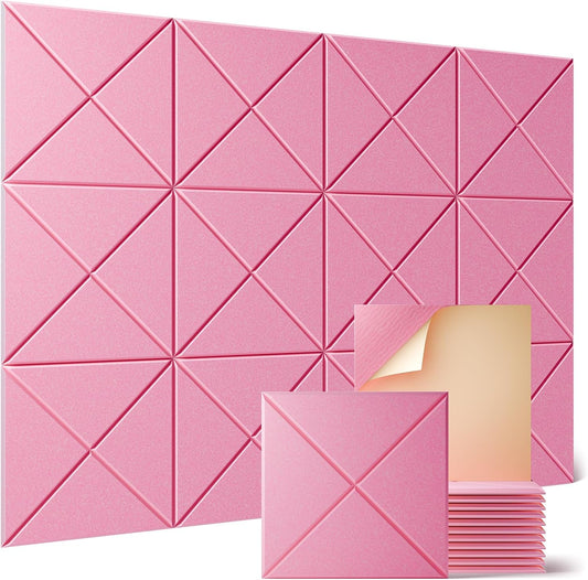 Sonicism 12 Pack X-Lined Acoustic Panels with Self-Adhesive, 12"X 12"X 0.4" Sound Proof Foam Panels, Decorative Soundproof Wall Panels, Sound Absorbing Tile for Home & Offices, Pink