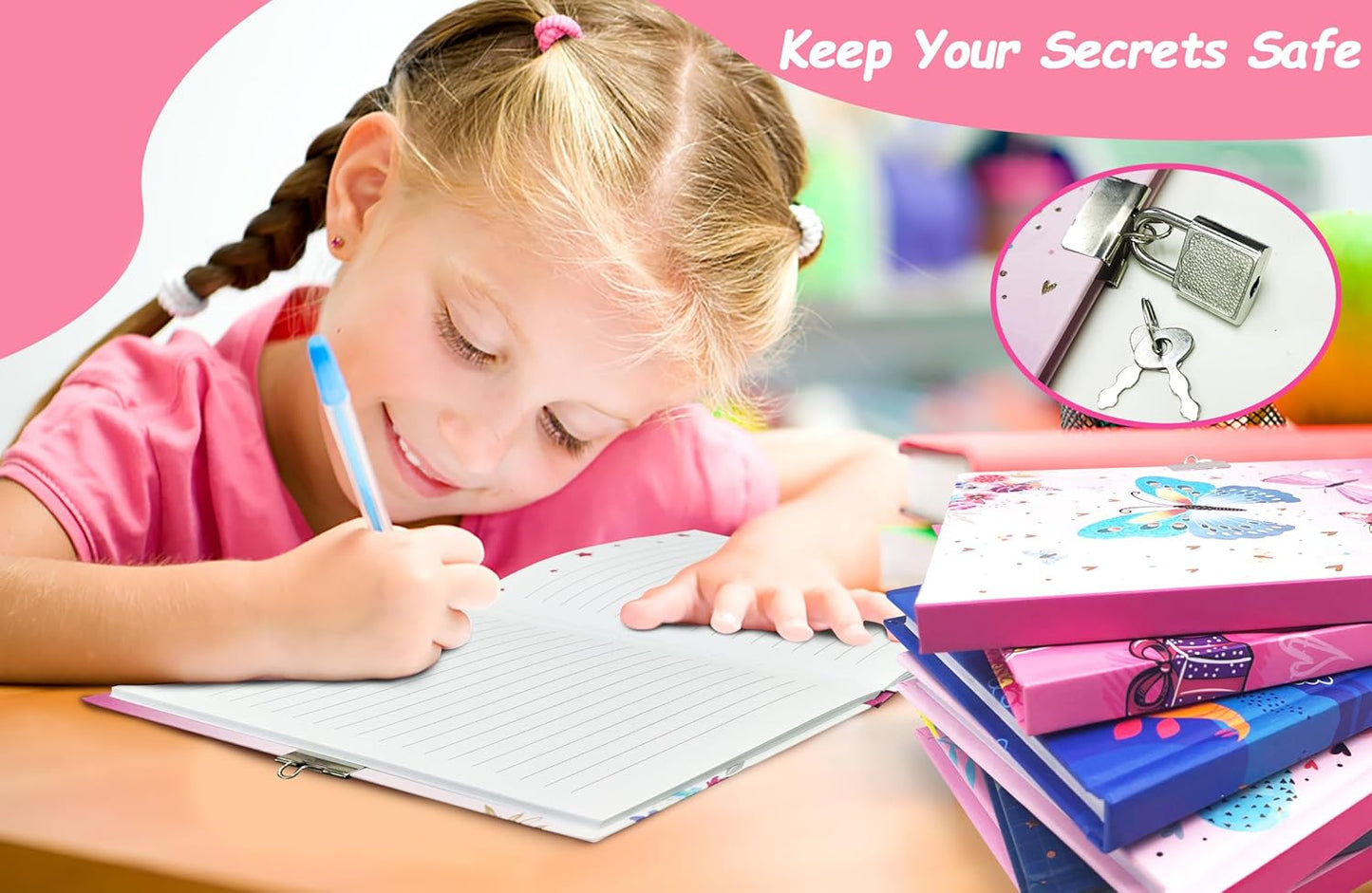 Girls Diary with Lock for Kids, 7x5.25 Inches 160 Lined Pages Secret Pink Butterfly Notebook for Girls Journal with Lock for Kids Pre School Writing Drawing Cute Girls Gifts for Birthday