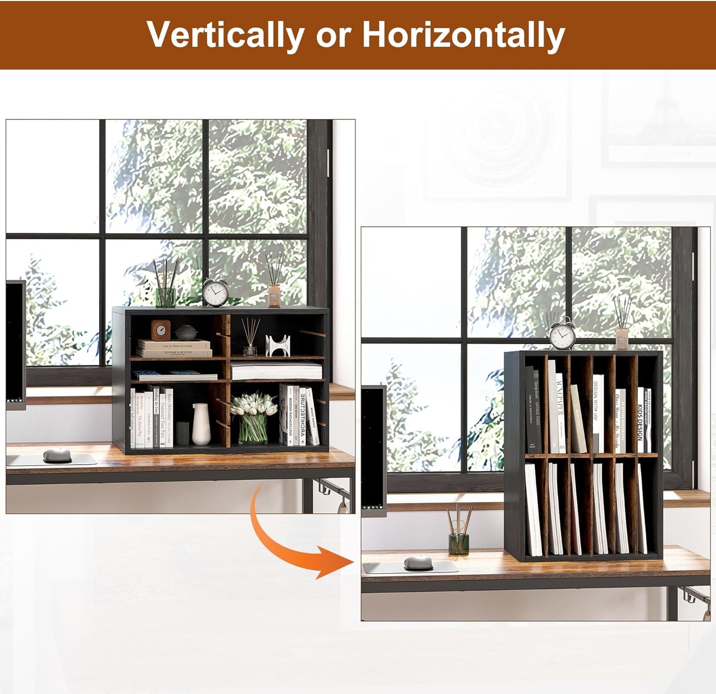 Mail Organizer Countertop, 12 Slots Wooden Desk File Literature Sorter, Adjustable Paper Storage Shelves Document Holder, Space Saving Desktop Mailbox for Office Classroom, Black/Rustic Brown