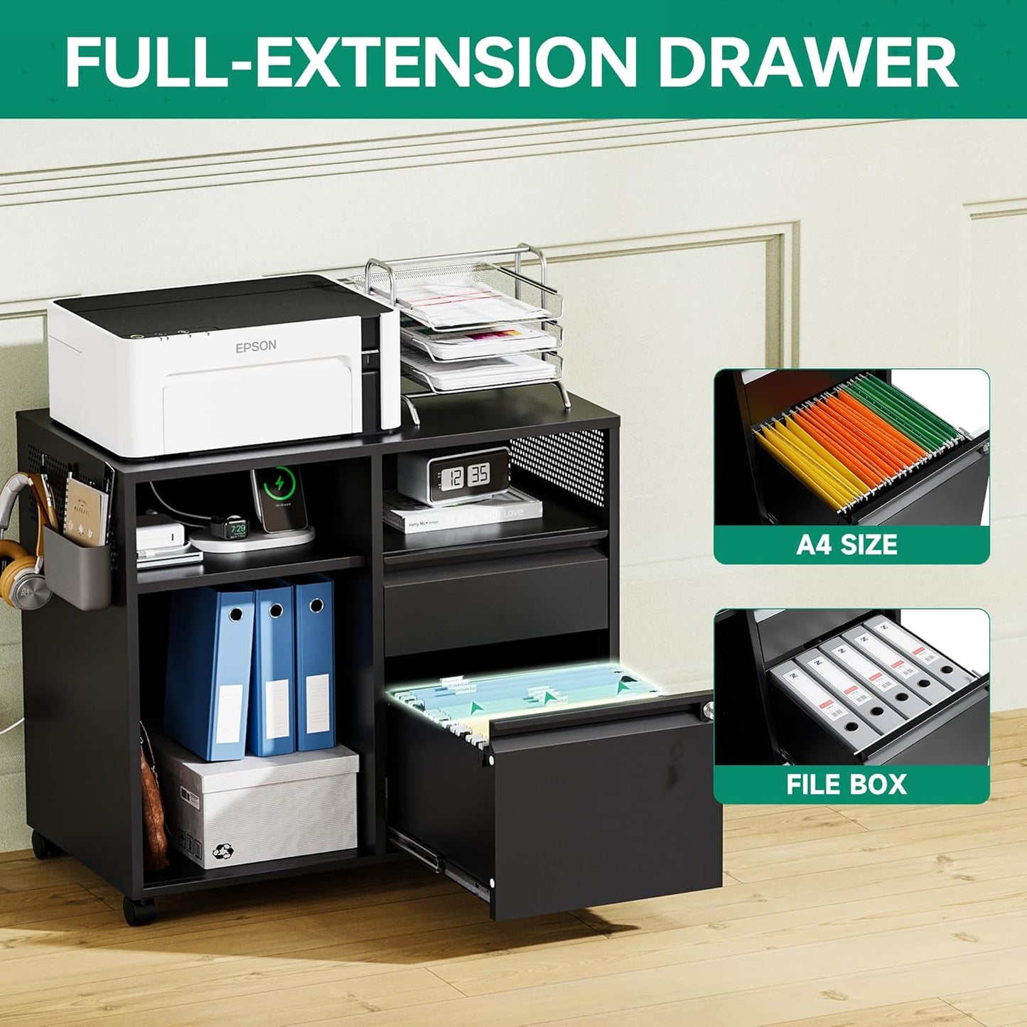 Letaya Mobile File Cabinet, Metal Lateral Rolling Printer Stand Filing Cabinets with Shelves for Home Office-Storage A4/F4/Letter (Black)