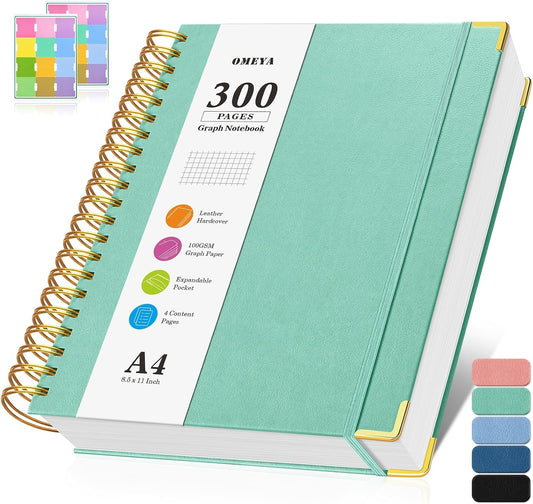 Graph Paper Notebook, Spiral Grid Notebook 8.5" X 11", Hardcover Leather Journal 300 Pages, 100GSM Thick Grid Paper Notebook, Large A5 Graphing Notebook Journal for Women Men Writing Engineering Work
