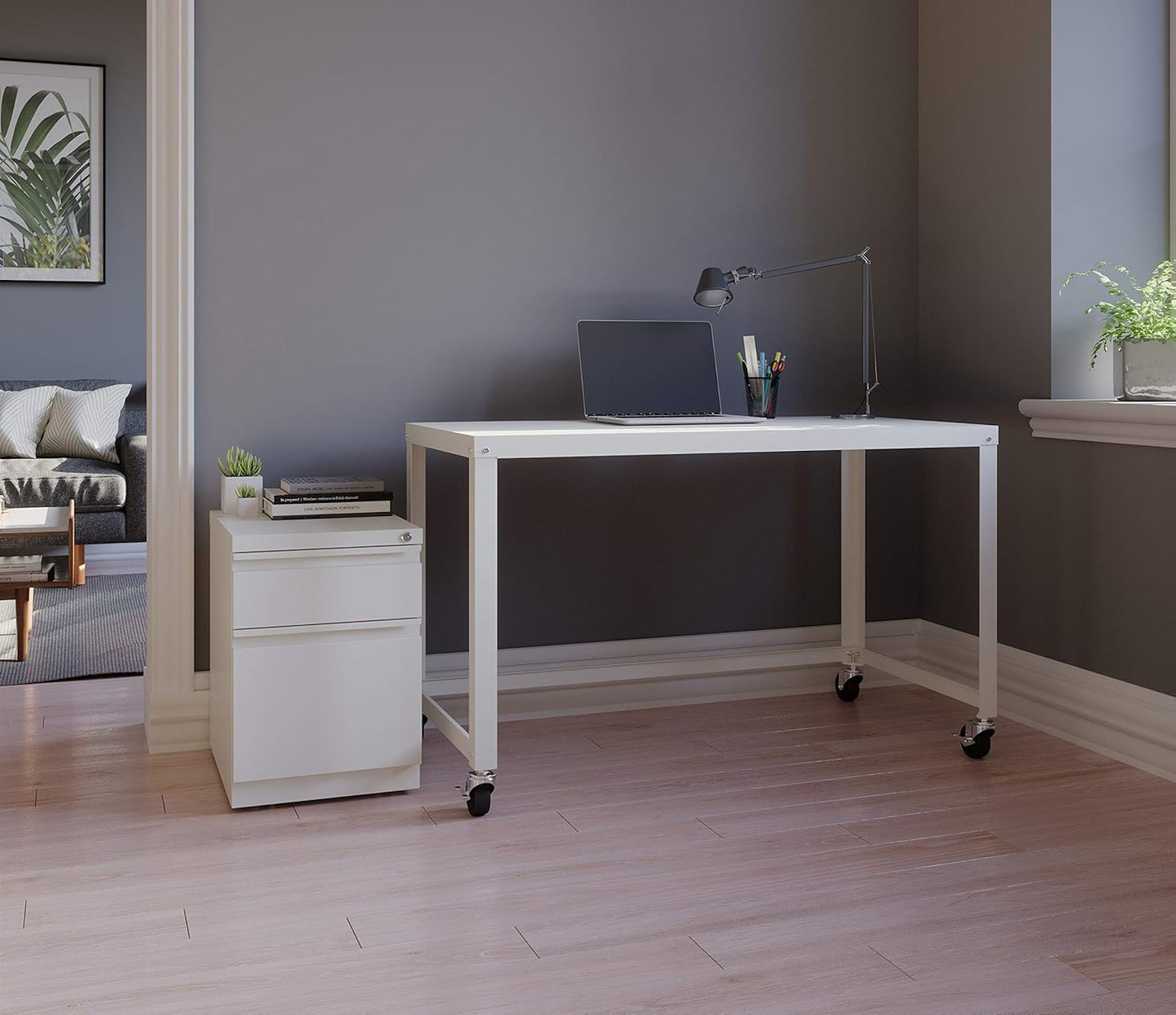 20 Inch Metal 2 Drawer Full Pull, for Home and Office, Holds Letter Width Hanging Folders, 20" Deep Box File Mobile Pedestal File, White