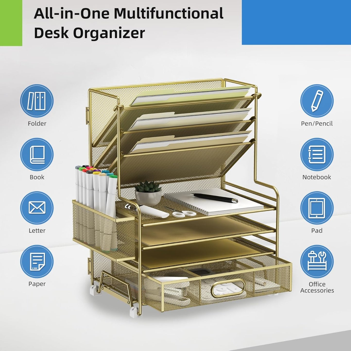 4-Tier Paper Organizer + 3-Pocket File Holder + Drawer + Pen Holders, Desktop File Organizers Paper Tray for Office Supplies School Classroom Organization (Gold, with Drawer & Pen Holder)