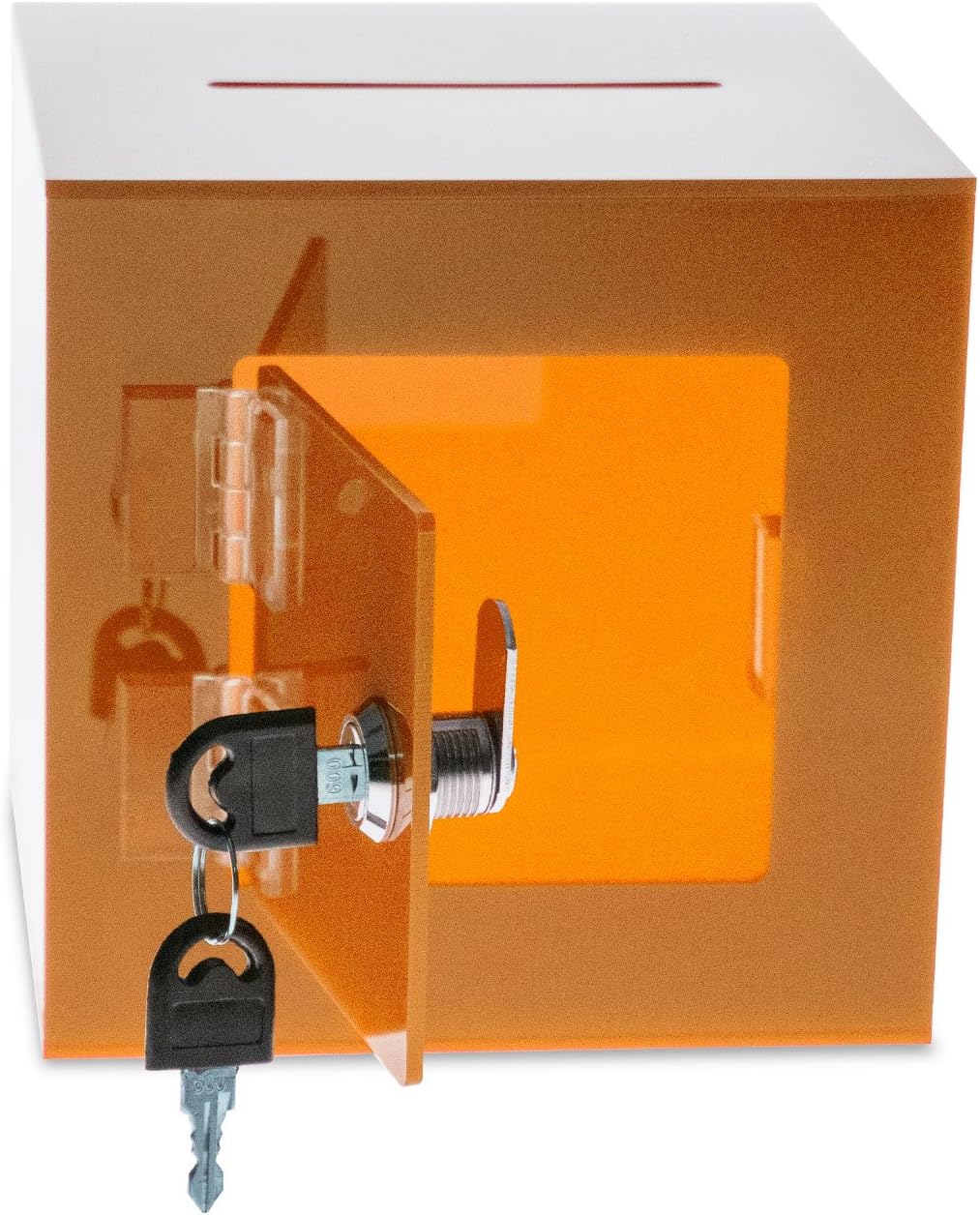 Source One Premium Acrylic Cube Donation Box with Deluxe Rear Open Door and Cam Lock Suggestion Box (10 Inch, Orange)