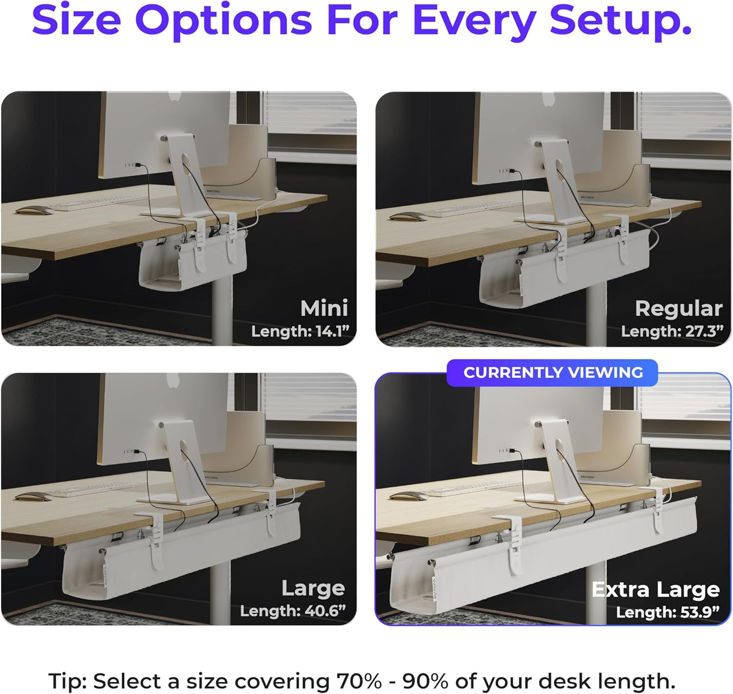 Original No Drill Under Desk Cable Management Tray 53.9" - Premium White Fabric Cable Management Under Desk - Clamp/Screw Mount Cord Organizer - Supports Upto 66lbs - Extra Large