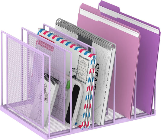 File Organizer for Desk, 5-Section Vertical File Sorter, Paper Holder Organizer Standing Metal File Folder for Office Home Classroom, Purple