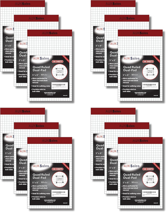 Grid Paper Pad 5x8 Inches, Graph Paper Pad 4x4, Grid Notepad, 12 Pack, 5x8 Graph Paper 1/4 Grid, Graphing Paper, Engineering Pad, 100 Sheets 200 Pages Perforated Pad for School, Home, & Office