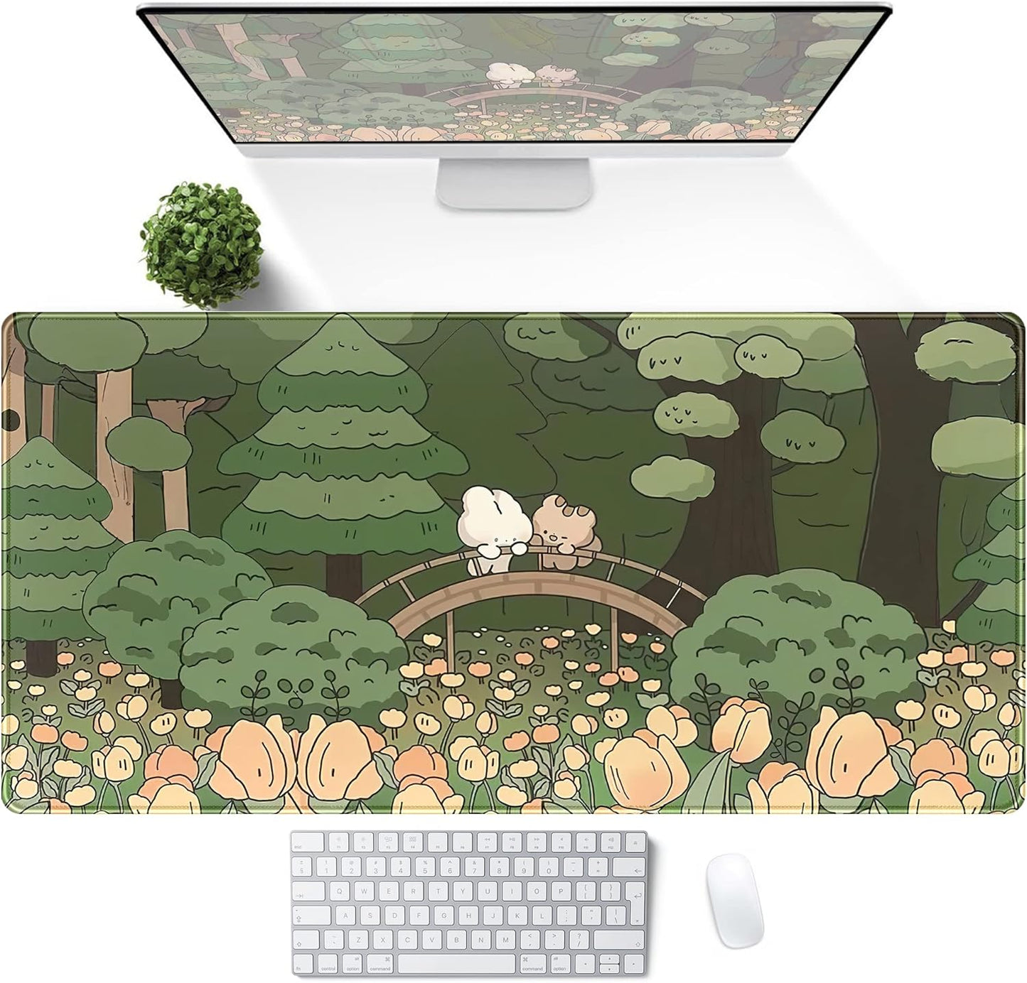 Anime Forest Desk Mat,Cute Green Mouse Pad,Kawaii Aesthetic Full Desktop Pad XXL Gaming Mousemat XL, Extended Korean Animals Bear Bunny Keyboard Mat Large 31.5x15.7 Inch Non-Slip&Stitched Edges