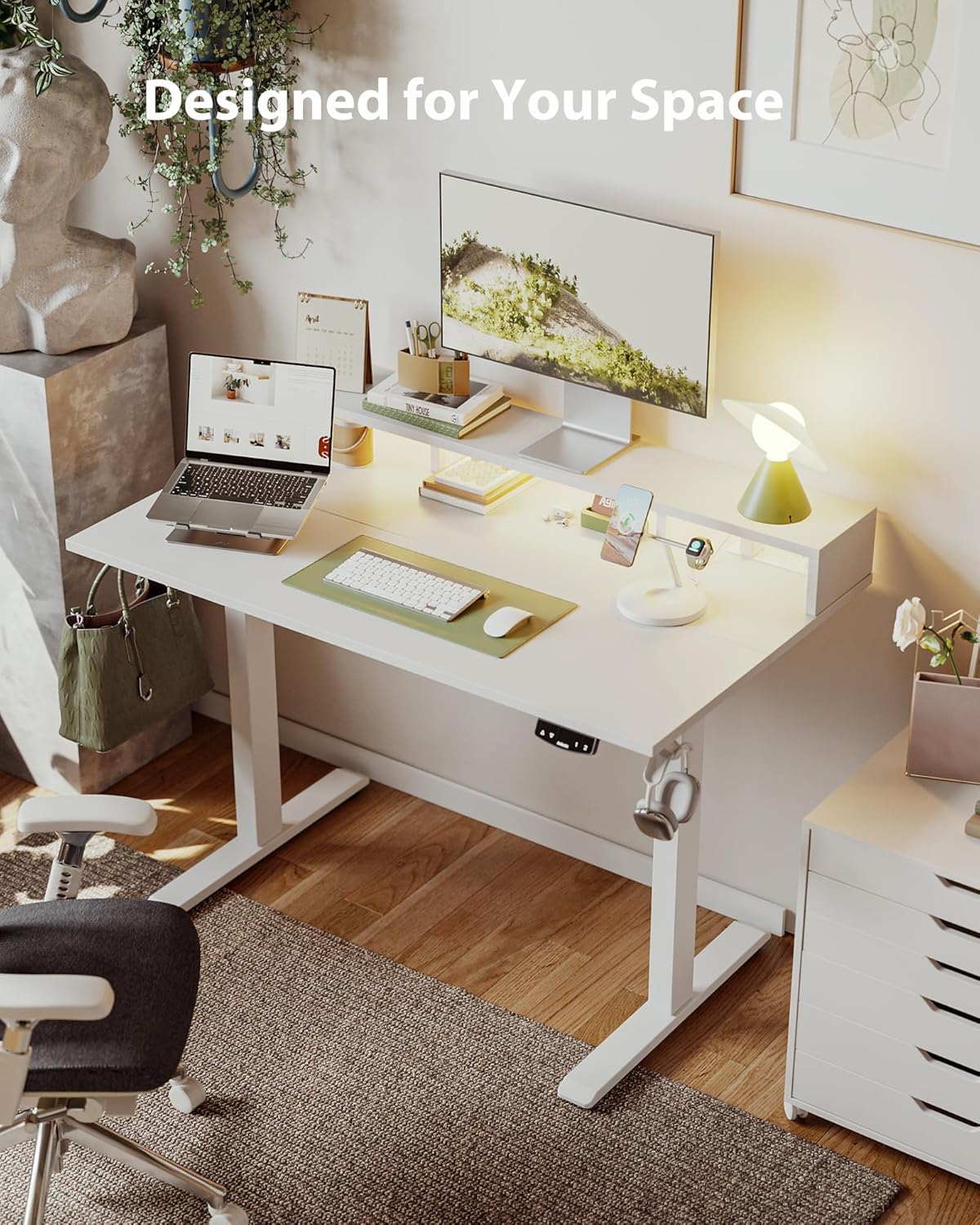 Electric Height Adjustable Standing Desk with Power Outlet and LED Light Strip, Sit to Stand, Ergonomic 48x24 Rising Desk with Memory Presets, Home Office Workstation, Computer Gaming Table, White