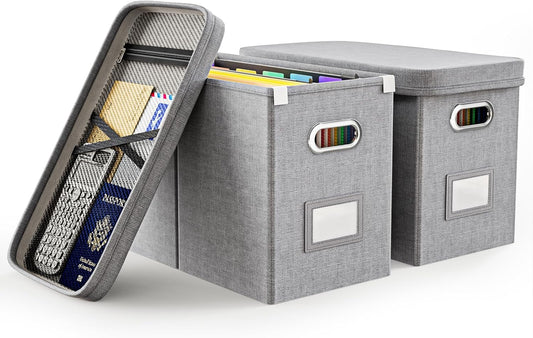 Oterri Hanging Filing File Box with Mesh Pocket, File Organizer Box with Lid, Collapsible Document Organizer Box for Letter Size, Easy Slide Durable Storage Box for Office/Decor/Home (2 PCS, Grey)
