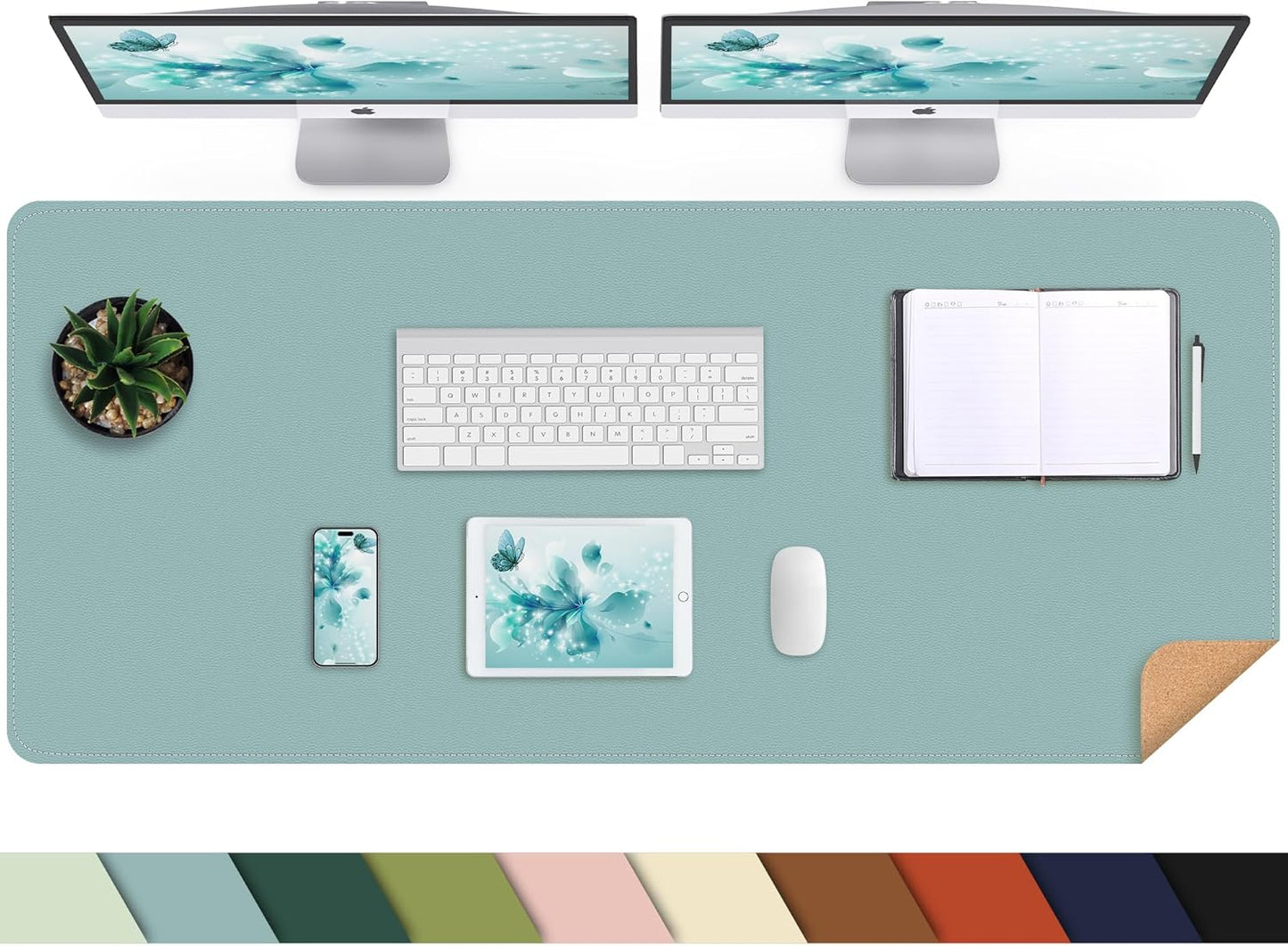 Leather Desk pad Protector,47 * 17in Large Desk mat with Natural Cork & PU Leather,Mouse pad,Non-Slip Office Desk Mat,Waterproof Desk Writing Pad for Office and Home (Light Blue)