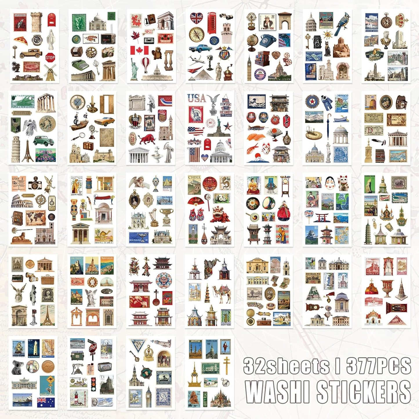 Travel Sticker Book, 32 Sheets 377 Pcs Vintage Aesthetics Stickers & 20 Sheets Washi Paper for Journaling Scrapbooking Bullet Journals Planners Letter Card Making