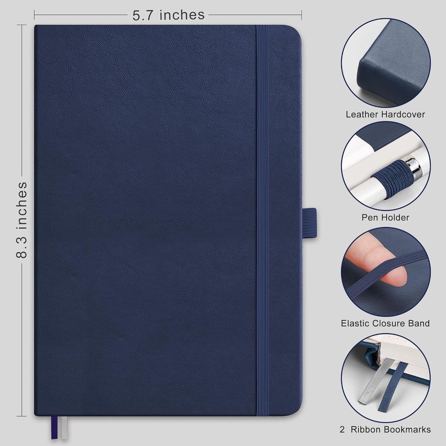 RETTACY Graph Grid Paper Notebook, 192 Pages, A5 Medium Size (5.7'' x 8.3''), 5 Squares per Inch, Leather Hardcover, 100 GSM Thick Paper, for School, Students, Math, Engineering (Navy Blue)