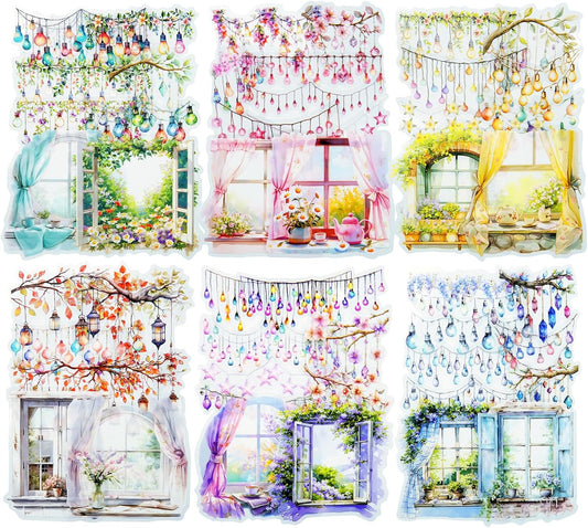 Romantic Window PET Stickers, 96pcs Dreamy Floral and String Light Decorative Sticker for Scrapbooking, Journaling, DIY Crafts, Planner Supplies