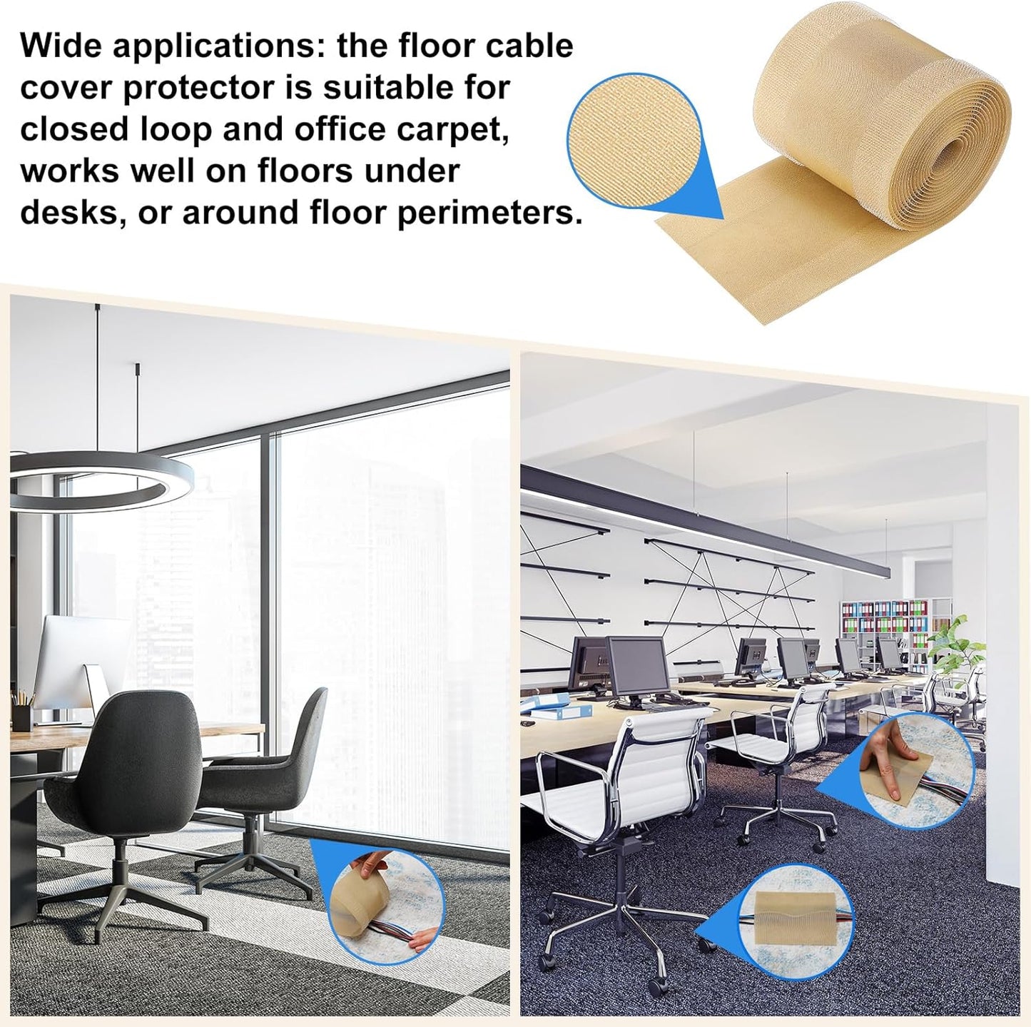 WILLBOND Carpet Cord Cover Cable Grip Floor Cover Cable Protector Management Only for Commercial Office Carpet(Khaki,19.69 ft)