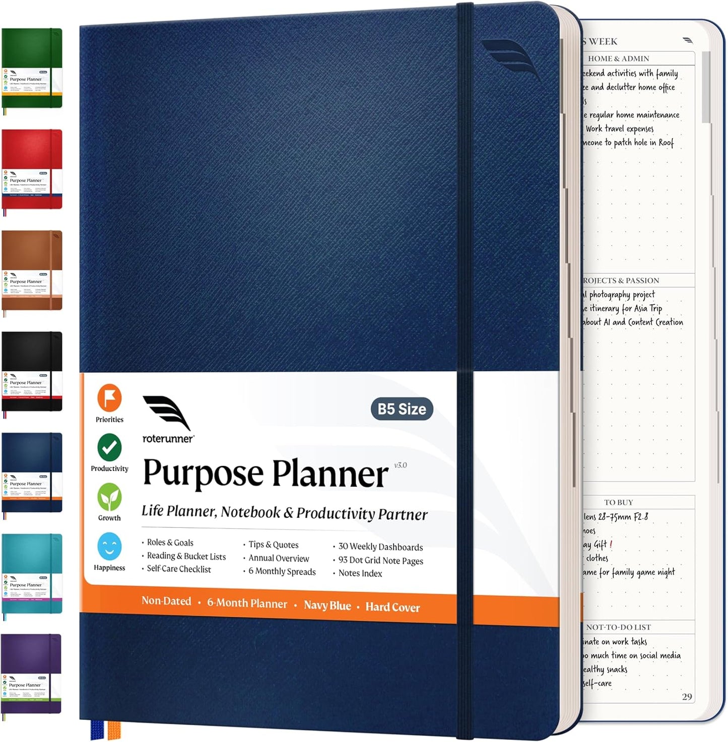 Roterunner Purpose Planner Notebook B5 7.5”x9.8” Undated Planner 2025 Daily Weekly and Monthly Productivity Goal Setting Tool for Work Home ADHD Planner for Adults Self Care Journal