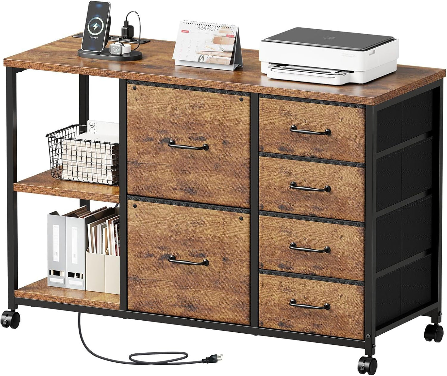 6 Drawer File Cabinet with Charging Station Rolling Printer Stand with Open Storage Shelf Fabric Lateral Filing Cabinet for Home Office,Rustic Brown2