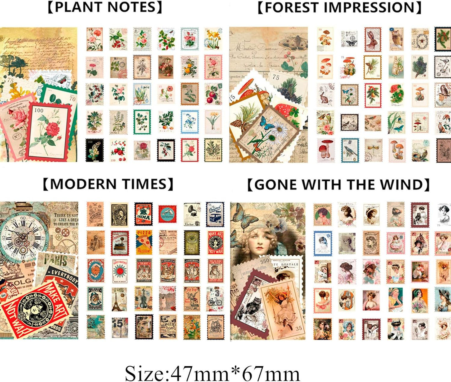 240pcs Vintage Postage Stamp Stickers, Aesthetic Botanical Deco Paper Sticker for Scrapbooking, Journaling Supplies, Planners, Kid DIY Art Crafts, Bullet Journal