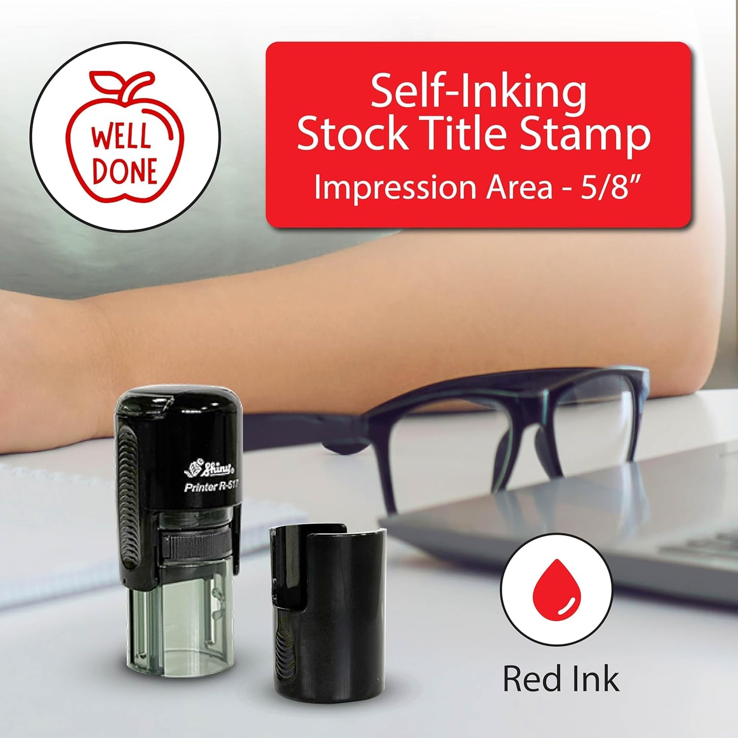 Shiny Well Done Teacher Stamp, Round Self Inking Stamp for Classroom, Red Ink