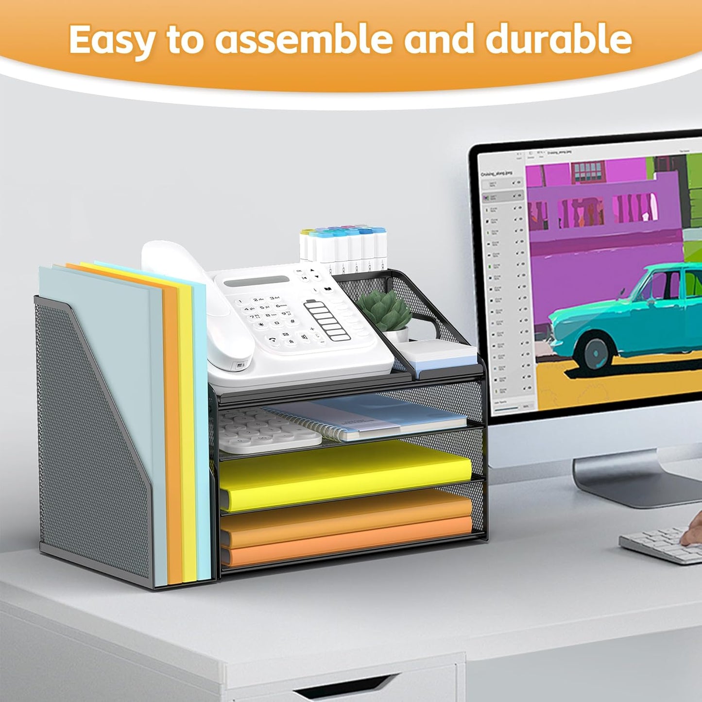 DocNest 4 Tier Paper Letter Tray File Organizer, Mesh Desk File with Handle, Workspace Desk Organizers with Pen Holder, Office Organization Storage Accessories - Black