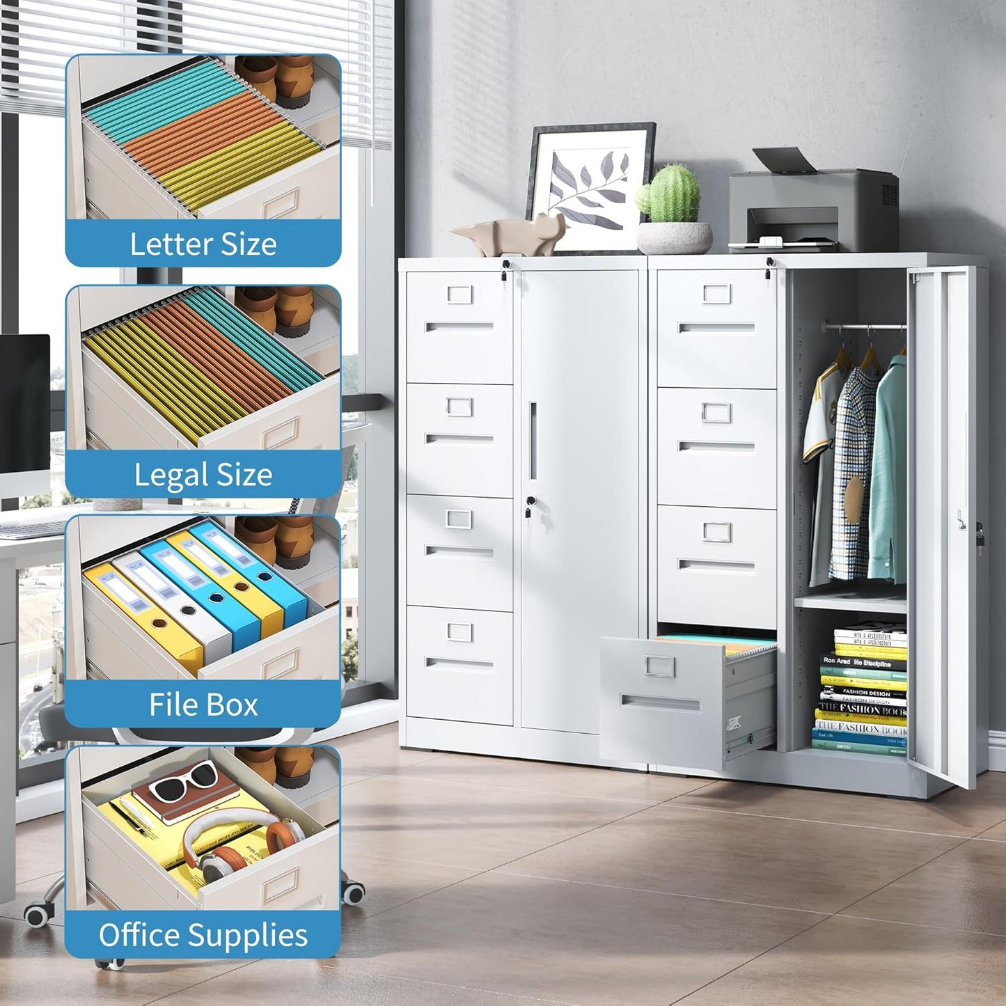 4 Drawer Filing Cabinet with Lock, Metal Storage Locker Cabinets for Home Office, File Cabinet for Hanging File Folders Letter/Legal/A4/F4 Size Documents, Assembly Required