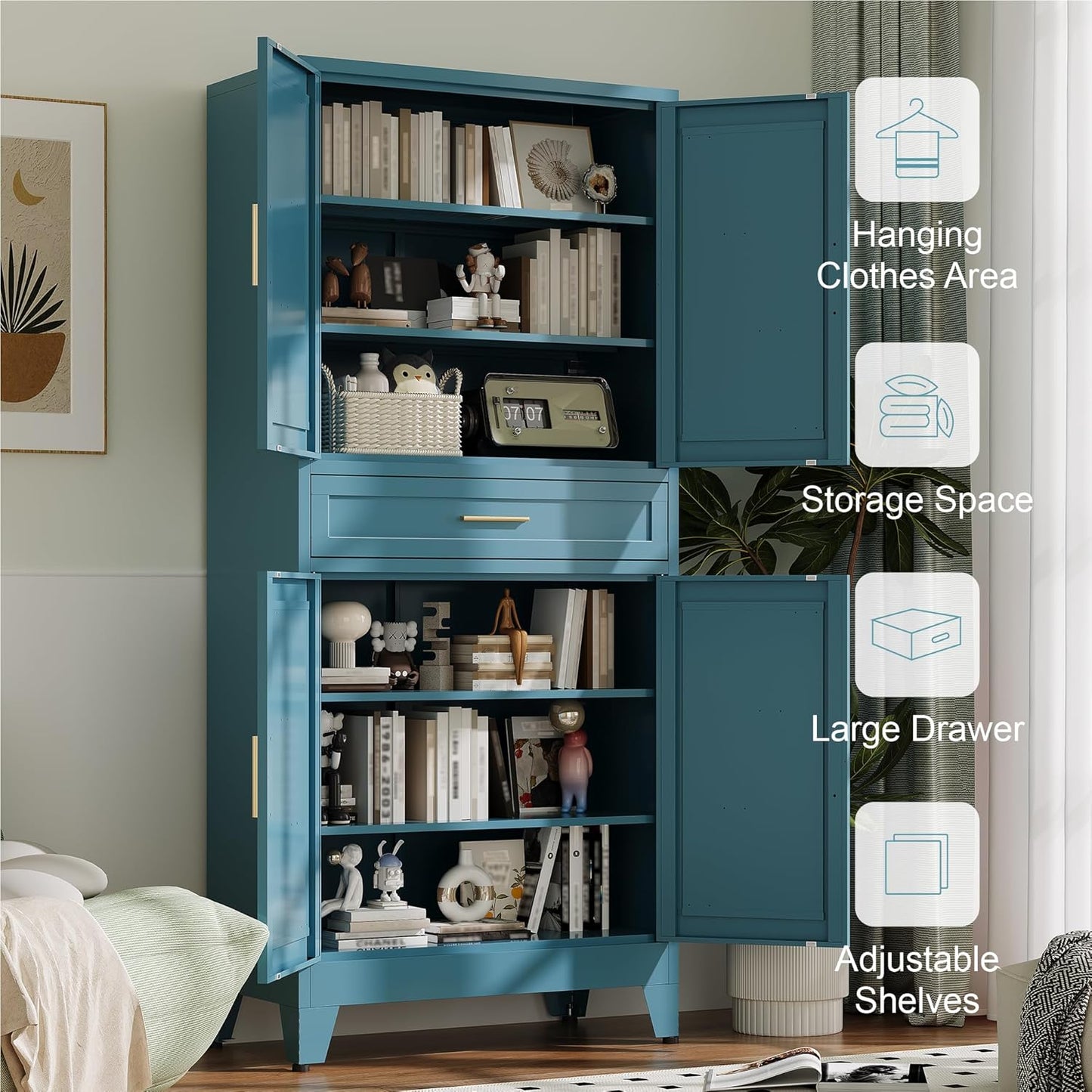 71" Tall Metal Storage Cabinet with Adjustable Shelves,Farmhouse Kitchen Pantry Cabinet with 2 Barn Doors and Drawer,Large Storage Cabinets for Dining Room,Bathroom,Living Room(Blue)