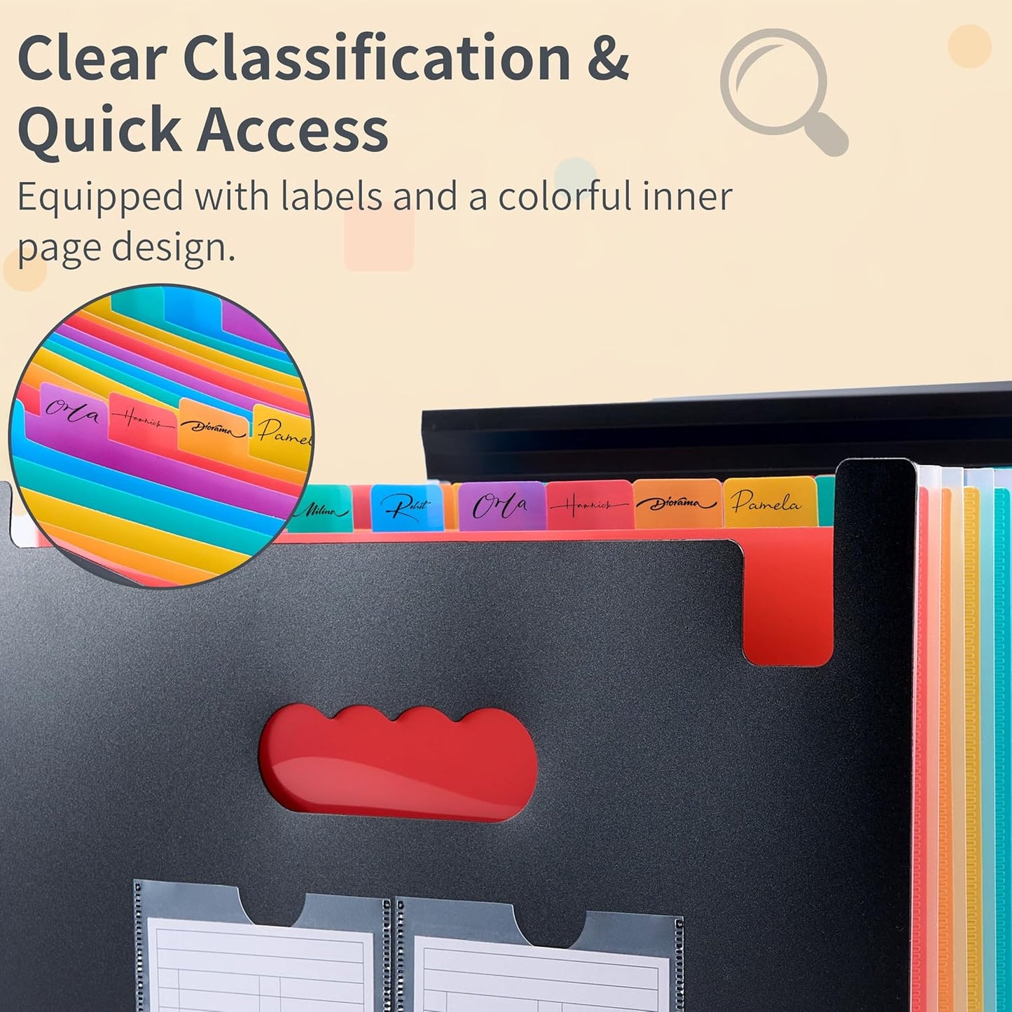 Accordion File Organizer, 2 Pack Secure Closure Expanding File Folder with 25 Pockets, Blank Labels and Colorful Inner Page, Large Waterproof Quick Access Folder Organizer for A4/Letter Size, Black