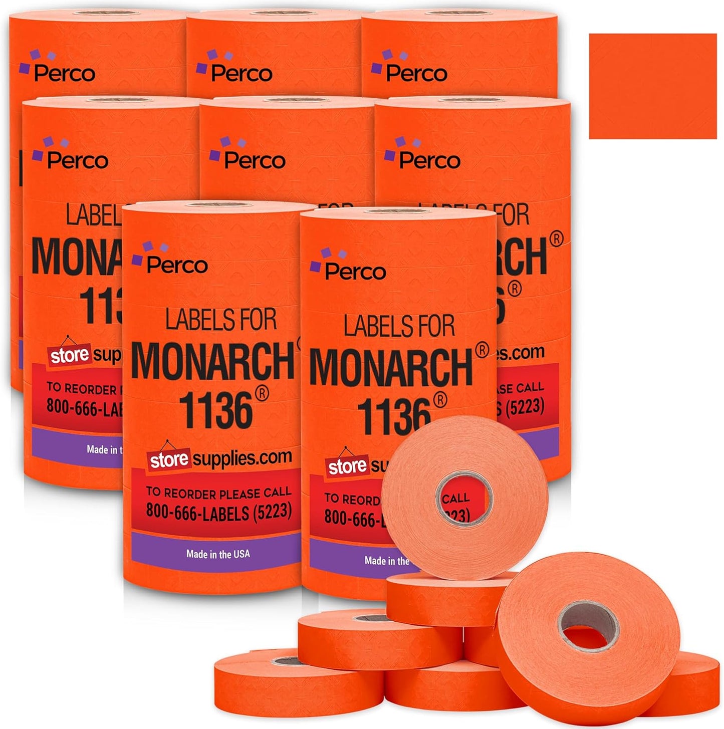 Perco Red Pricing Labels for Monarch 1136 Price Gun - Case of 8 Sleeves, 112,000 Pricemarking Labels Value Pack - with Bonus Ink Rolls Included