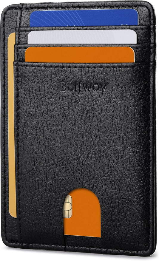 Buffway Slim Minimalist Front Pocket RFID Blocking Leather Wallets for Men and Women - Galactic Crack Black