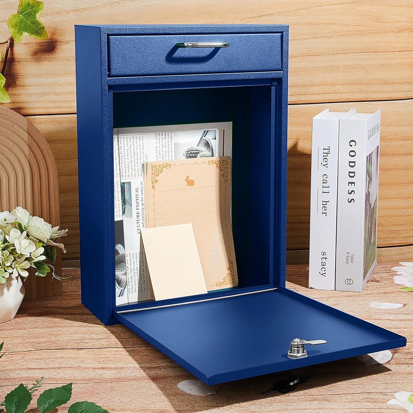 Locking Mailbox with Key for Outdoor 16.2 x 11.2 x 4.7 Inches Large Wall Mount Mail Box with Lock Security Mail Drop Metal Collection Boxes Hanging Secure Postbox(Dark Blue)
