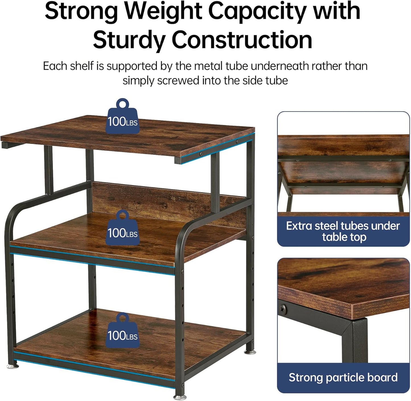 Large Printer Stand with Adjustable Storage Shelf, 3 Tier Printer Cart with Wheels for Home Office Organization, Rolling Table Stand for Heat Press Mini Fridge, Industrial Style