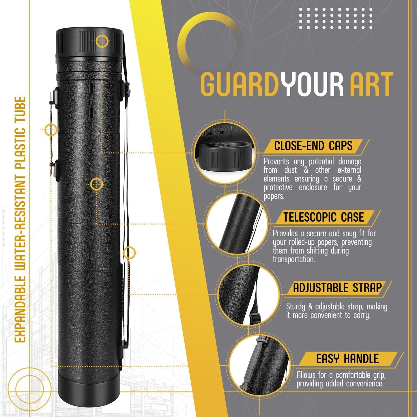Flexzion Poster, Art, Document Tube with Strap, Expandable Waterproof Plastic Container, Telescoping Cylindrical Storage Case, Portable Paper Holder for Draft Sketch Blueprint, 4.7 IDx31.7-51.2 Inch