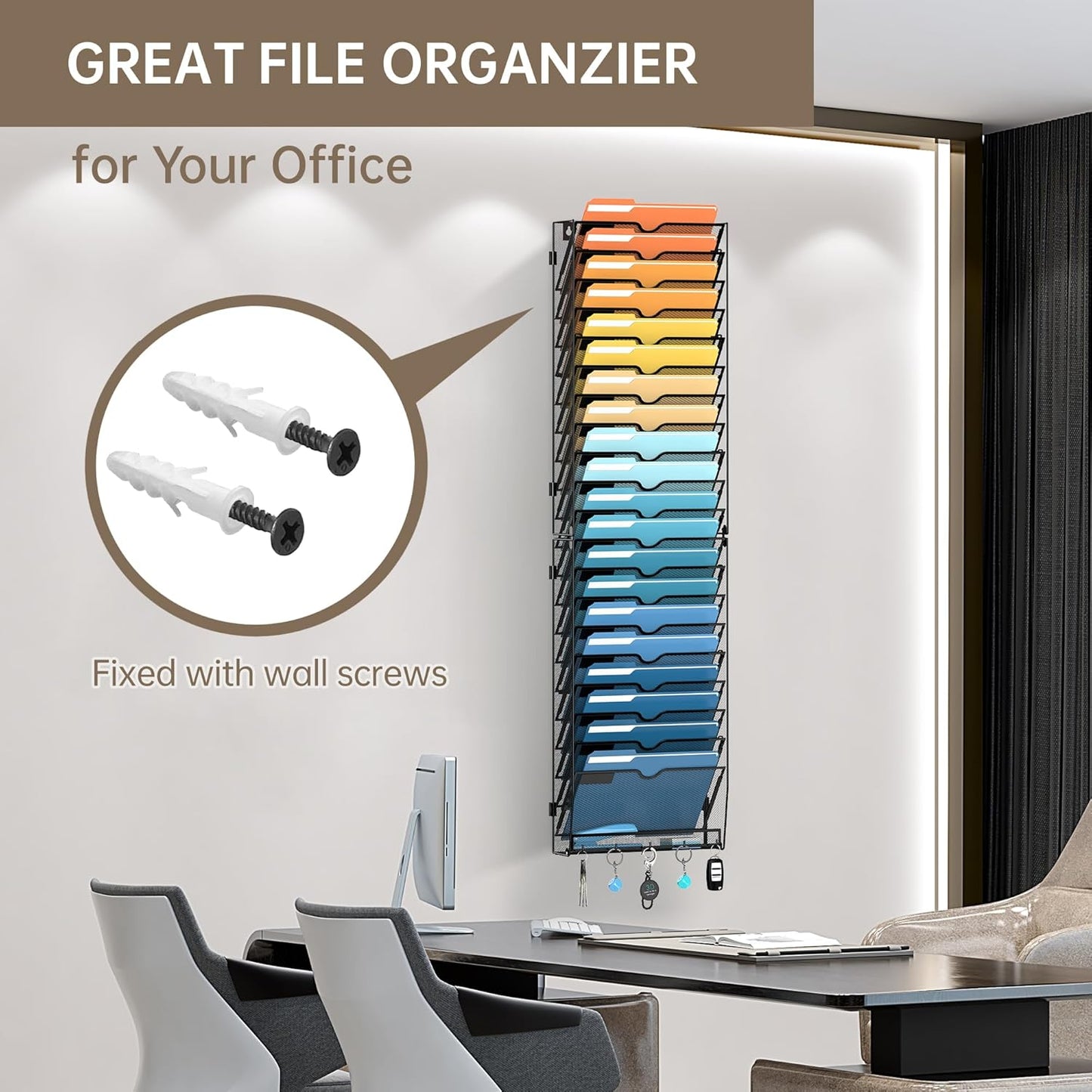 SUPEASY 21-Tier Wall File Holder Organizer with Hooks, Mesh Hanging File Organizer, Mail Organizer Wall Mounted for Papers, Folders, Office Magazine Rack, Assembly Needed, Black