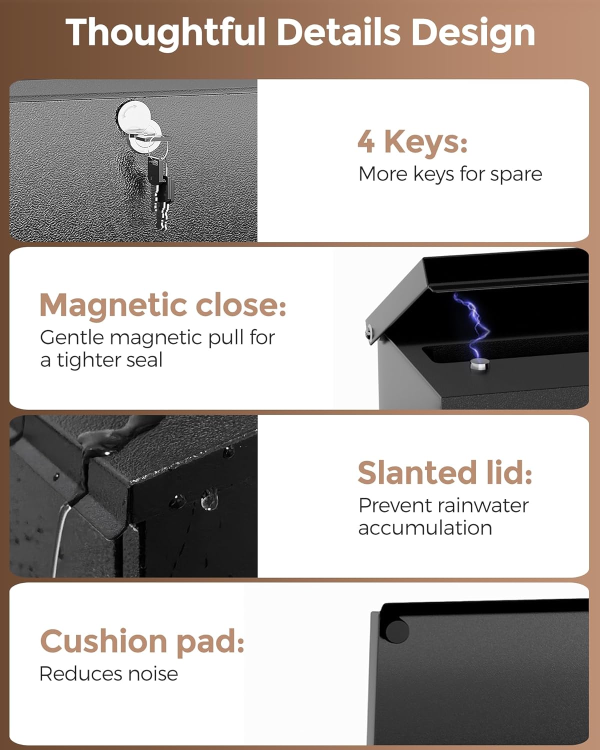 LAND·VOI Locking Wall-Mount Mailbox for Outside, with 4 Keys, Galvanized Steel Rustproof Metal Postbox, 4" Dx13.8 Wx11.2 H, Includes 3 Sets of Mailbox Numbers, Nameplate, Black, AMB33B