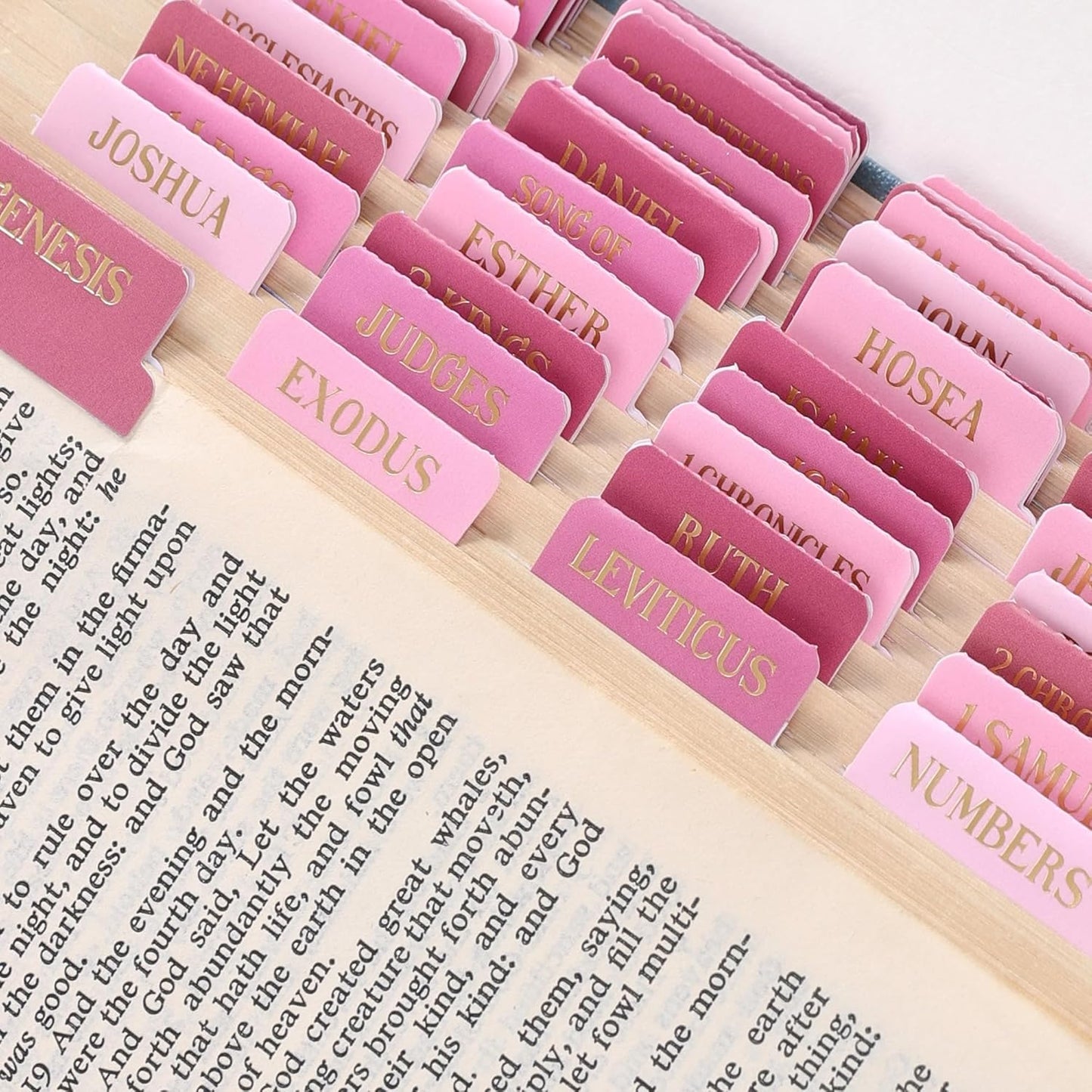 Laminated Bible Tabs, Gold Foil Embossed Lettering Bible Chapter Index Tabs for Women Men, Reposition Large Print Sticky Labels, Easy to Read and Apply, 105Chapters Labels for Easy Navigation (Pink)