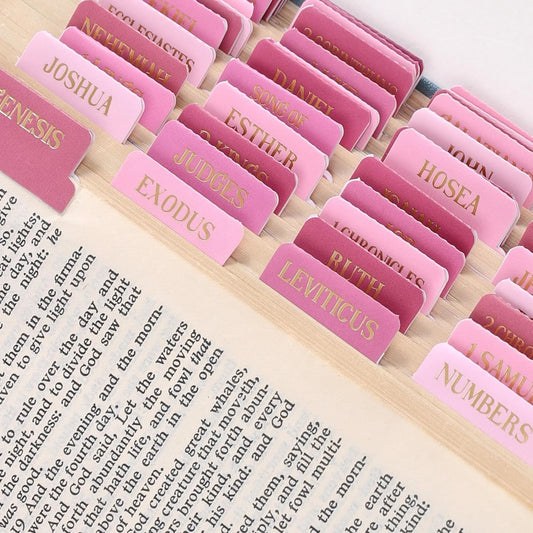 Laminated Bible Tabs, Gold Foil Embossed Lettering Bible Chapter Index Tabs for Women Men, Reposition Large Print Sticky Labels, Easy to Read and Apply, 105Chapters Labels for Easy Navigation (Pink)