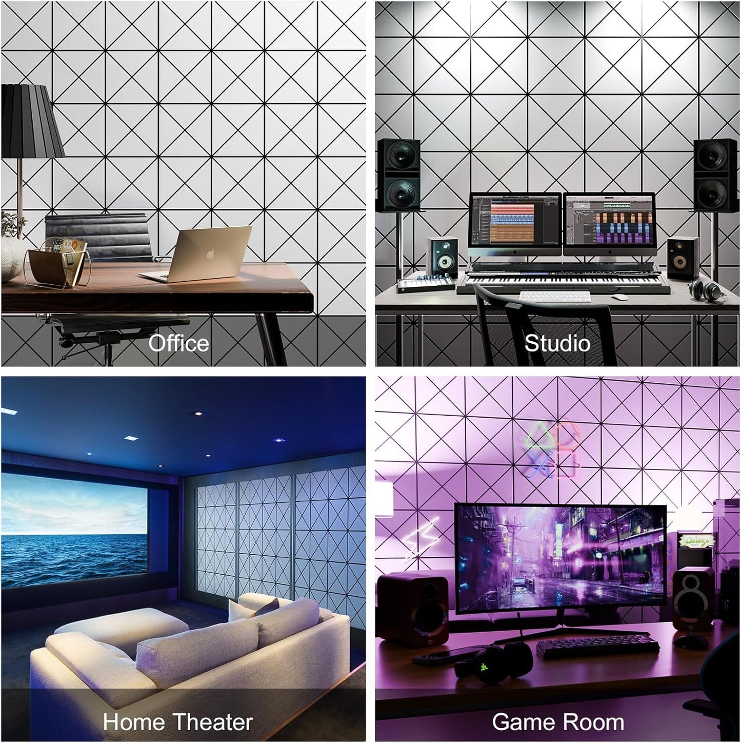 Sonicism 12 Pack X-Lined Acoustic Panels with Self-Adhesive, 12" X 12" X 0.4" Sound Proof Foam Panels, Decorative Soundproof Wall Panels, Sound Absorbing Tiles for Home & Offices (BlackBase+WhiteFace)