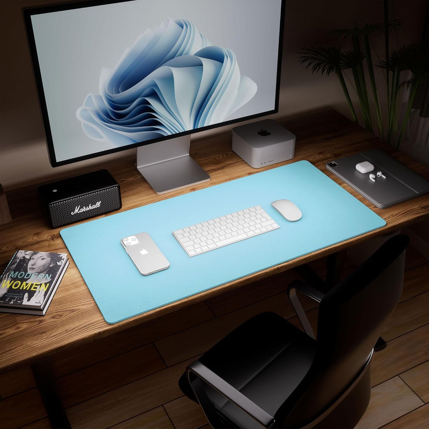 Aothia Double-Sided Desk Pad – 37.8"x17" Leather Desk Mat with Eco Cork Protector, Large Mouse Pad, Waterproof Desk Blotter for Office/Home (Blue Topaz)