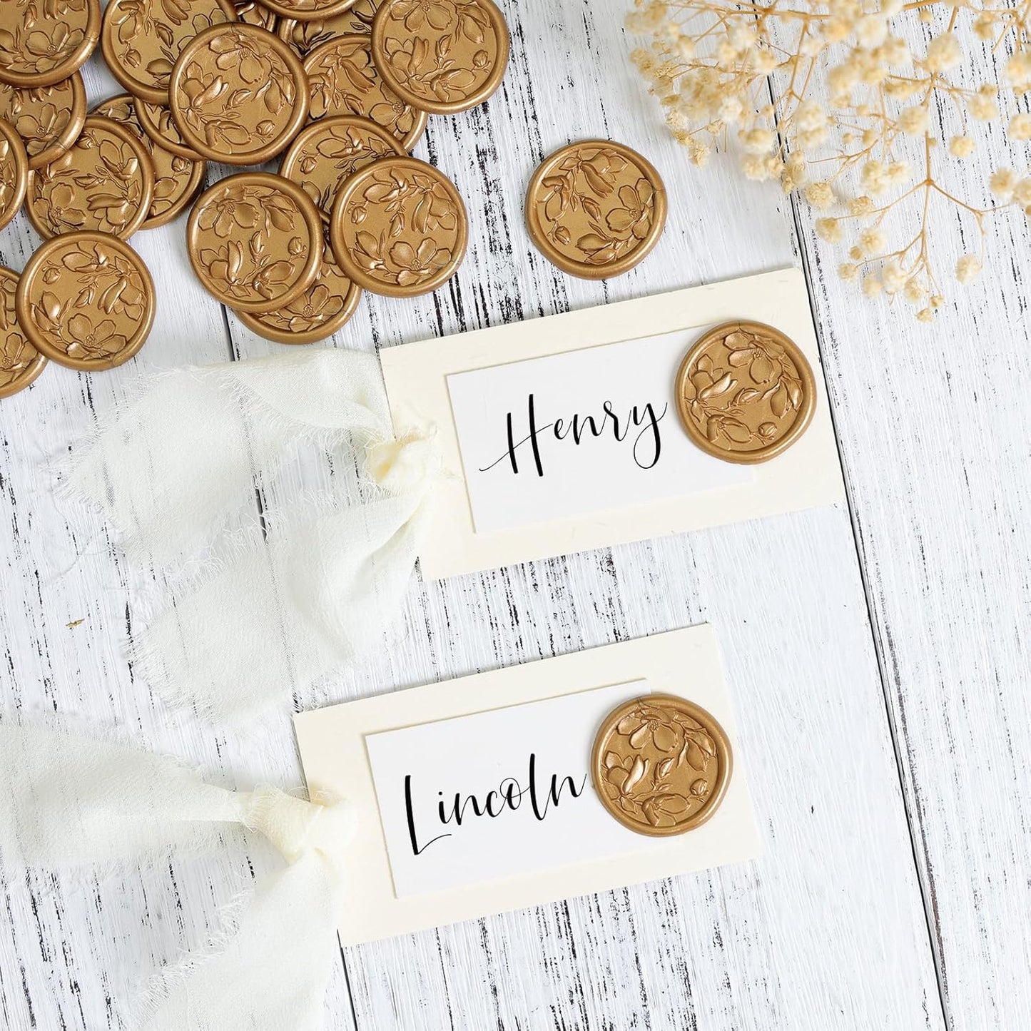 UNIQOOO Wax Seal Stickers - 3D Magnolia Wedding Invitation Envelope Botanical Seal Stickers, 100 Pcs Self-Adhesive Antique Gold Stickers, Perfect for Invitation, Christmas, Gift Wrapping, Party