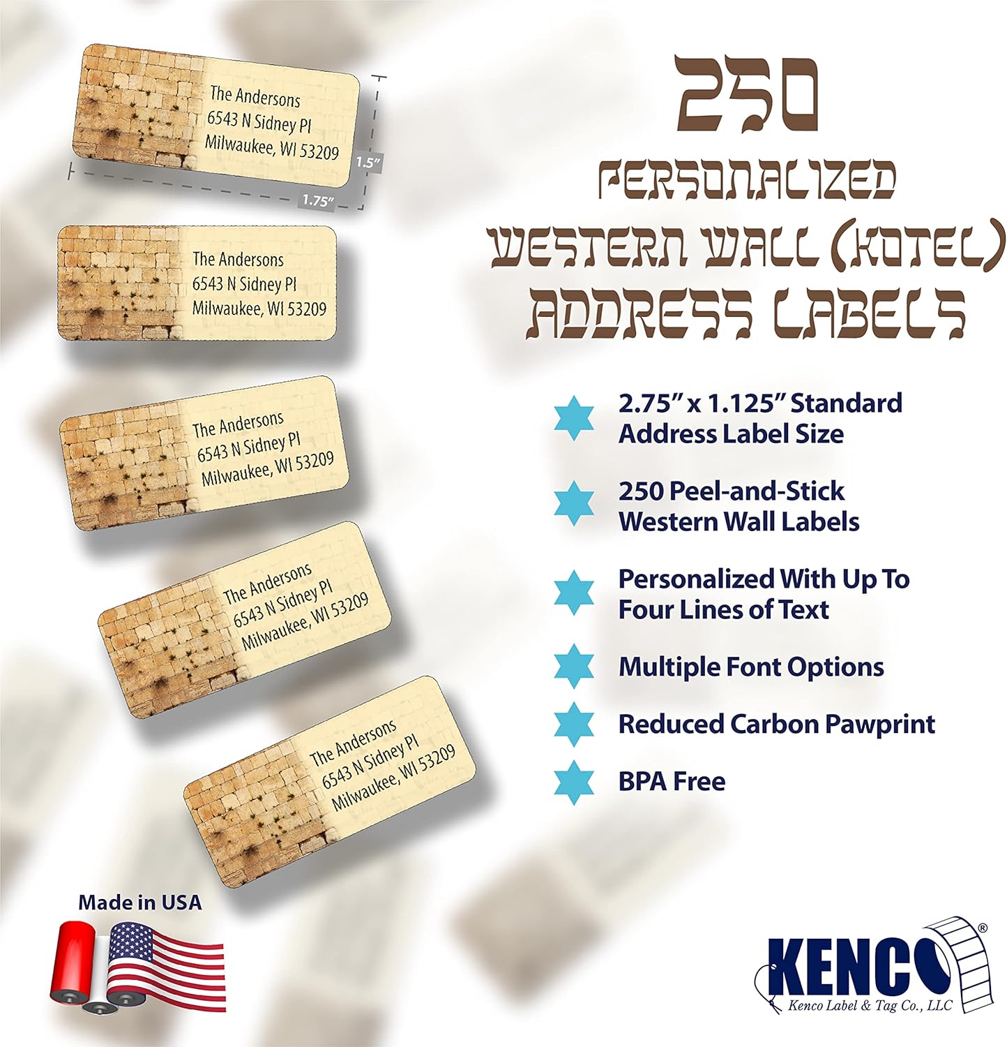 Customized Personalized Address Labels - Made in The USA by Kenco (250 Labels, Kotel Western Wall)