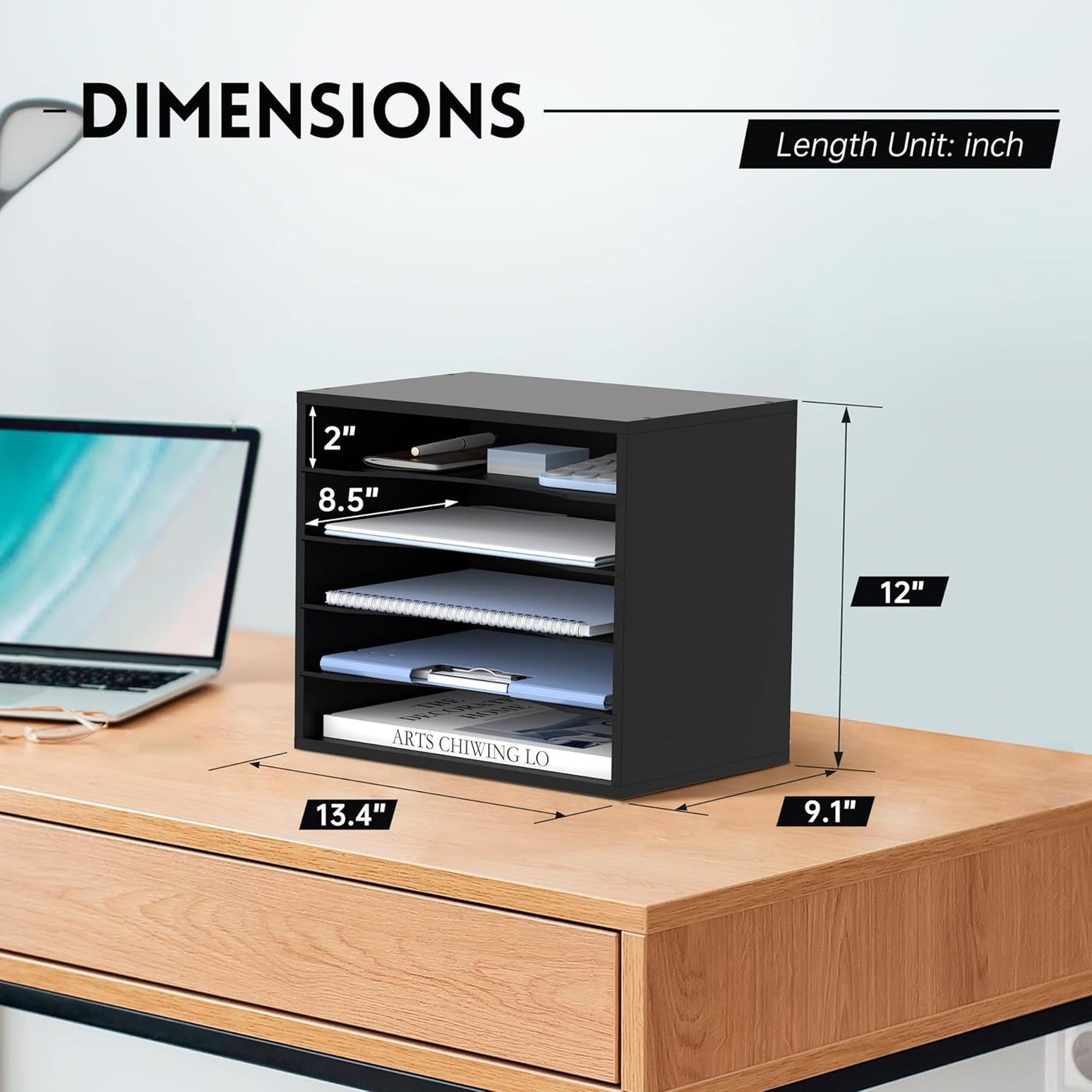 SUPEASY Wood Desk Organizer, 5 Tier Paper File Organizer for Desk, Wooden Desktop Organizer, Paper Letter Literature Mail Sorter, for Office School & Home Organization, Black