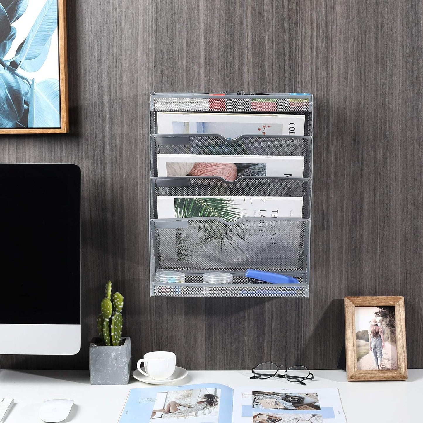 EasyPAG Mesh Wall File Holder 3 Tier Vertical Mount Hanging Organizer with Bottom Flat Tray and 3 Compartments Accessories Organizer,Silver