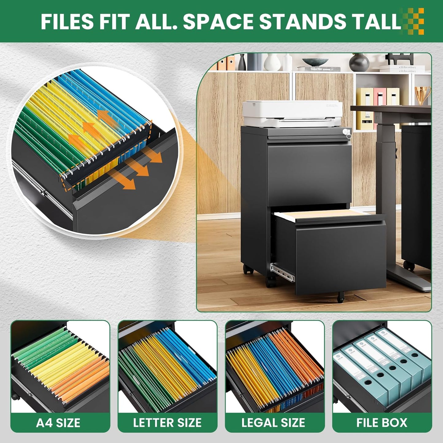 2 Drawer Metal File Cabinet with Lock, Rolling File Cabinets with Lock for A4/Legal/Letter Size, Under Desk Filing Cabinet for Home Office Assembly Required（Black）