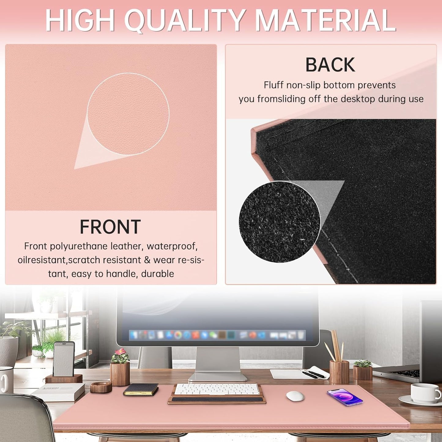 AKOZLIN 35.4"x 18.9" Soft PU Leather Surface Office Desk Mouse Mat Anti-Push Pad with Full Grip Fixation Lip Table Blotter Edge-Locked Protector Pink