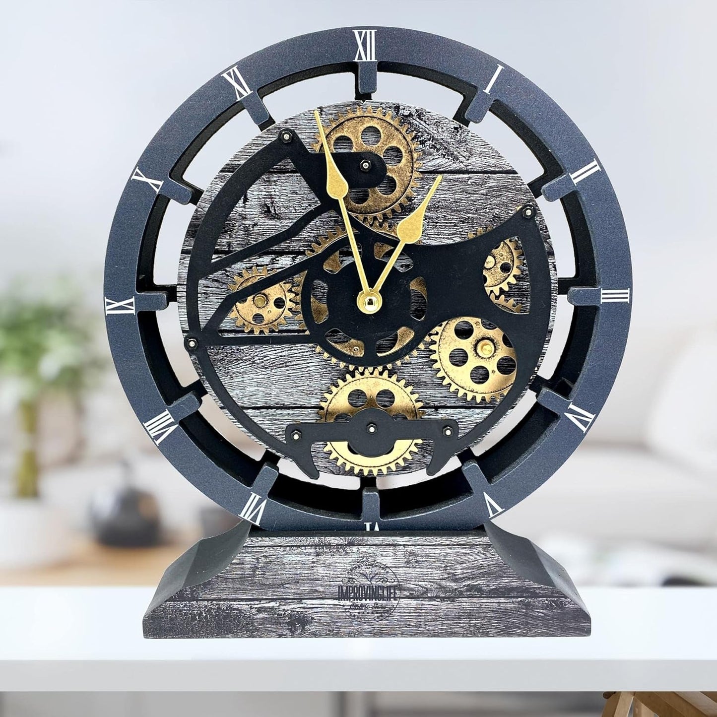 The Gears Clock Desk Clock 10 inches with Real Moving Gears Convertible into Wall Clock (Carbon Grey)