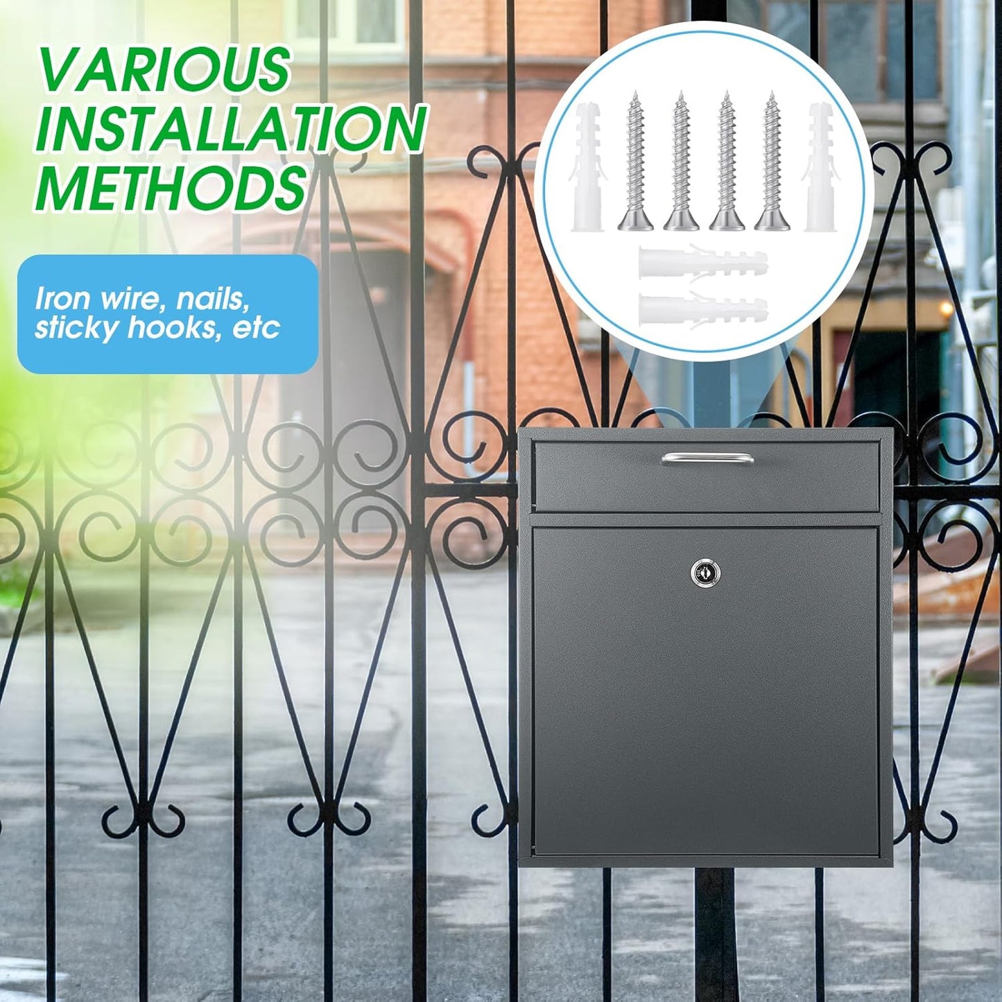 Locking Mailbox with Key for Outdoor 12 x 10.5 x 4.7 Inches Large Wall Mount Mail Box with Lock Security Mail Drop Metal Collection Boxes Hanging Secure Postbox(Dark Gray)