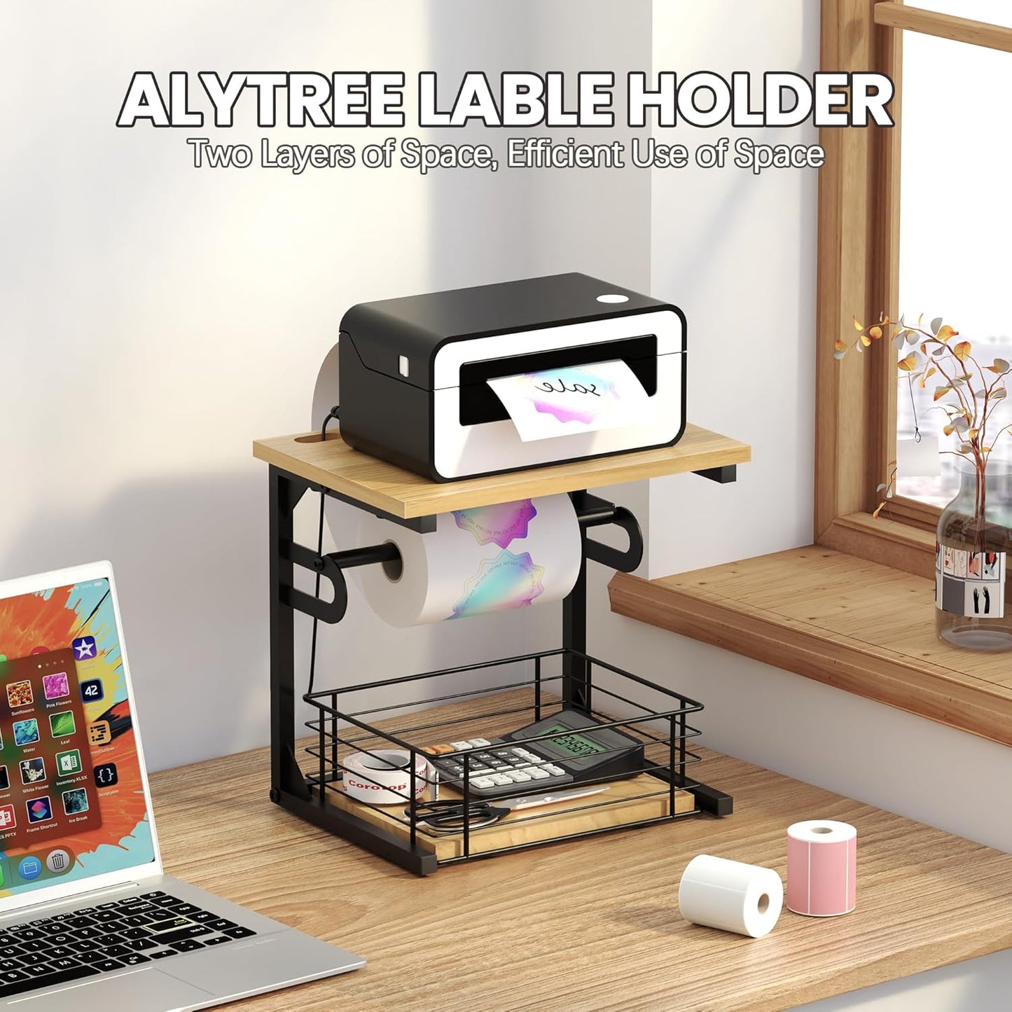 Label Holder for Rolls and Fan-Fold Labels, Wooden Thermal Sticker Roll Holder for Desktop Thermal Label Printer, Solid Shipping Label Holder & Desktop Label Printer Accessory Supplies for Home,Office